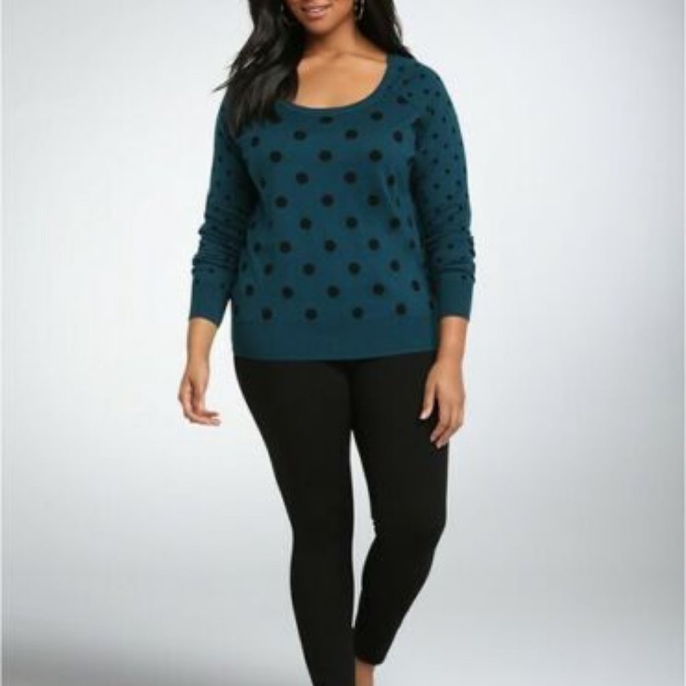 TORRID womens plus SIZE 2X Teal Polka Dot Raglan Long Sleeve Pullover SWEATER